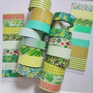 【分装】日本MT绿色系列合集 水玉波点横纹纯色西瓜 和纸胶带