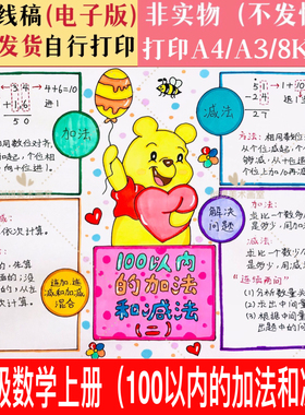 原创小学生数学二年级上册二单元100以内的加法和减法手抄报模板