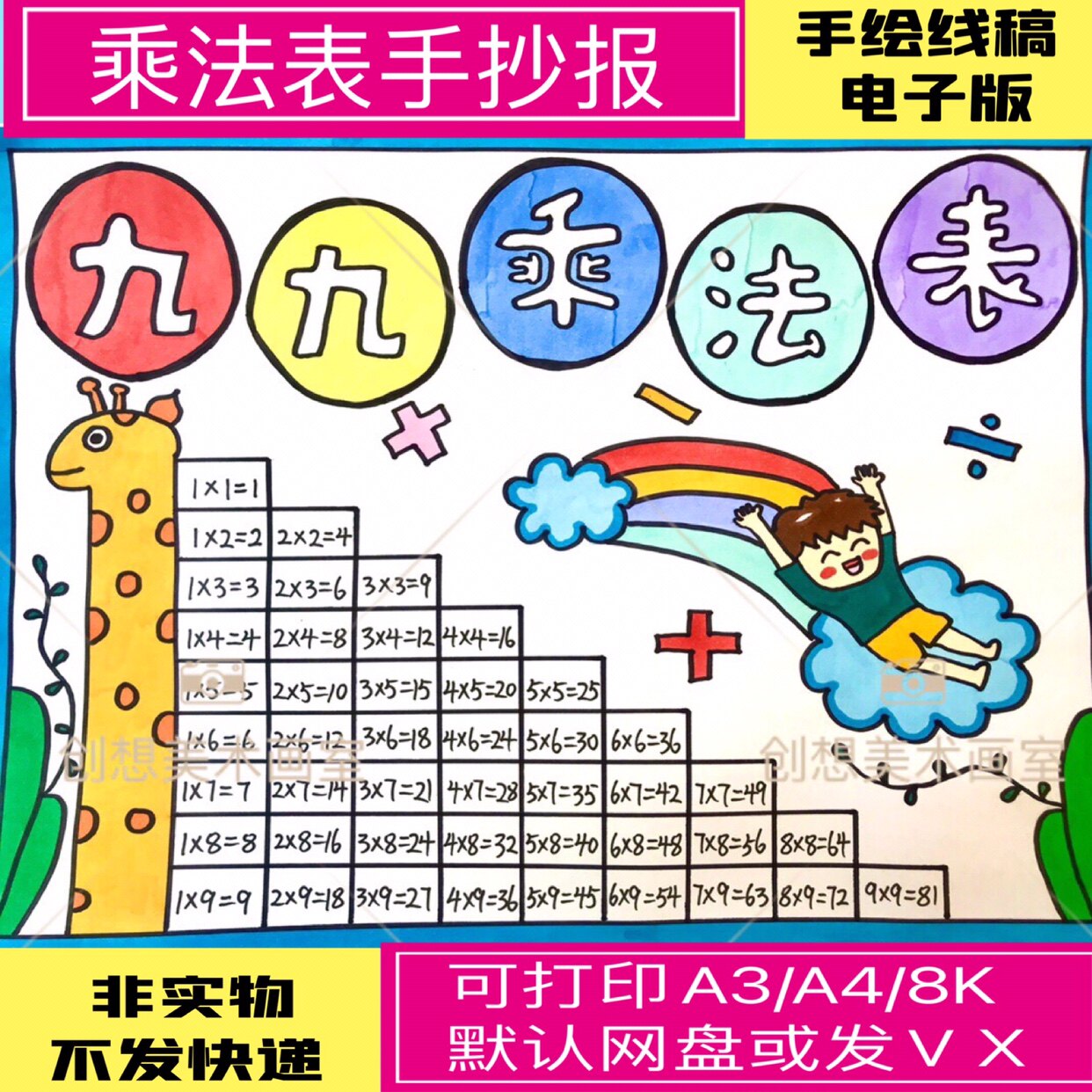 九九乘法表手抄报模板电子版小学生乘法口诀手抄报线稿半成品