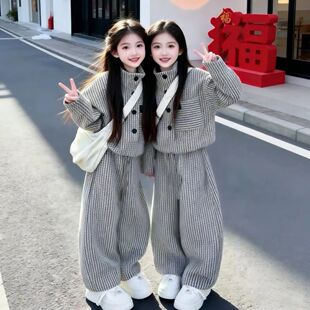 女童时尚上衣长裤春秋装套装2026新款儿童春款竖纹韩版女孩两件套