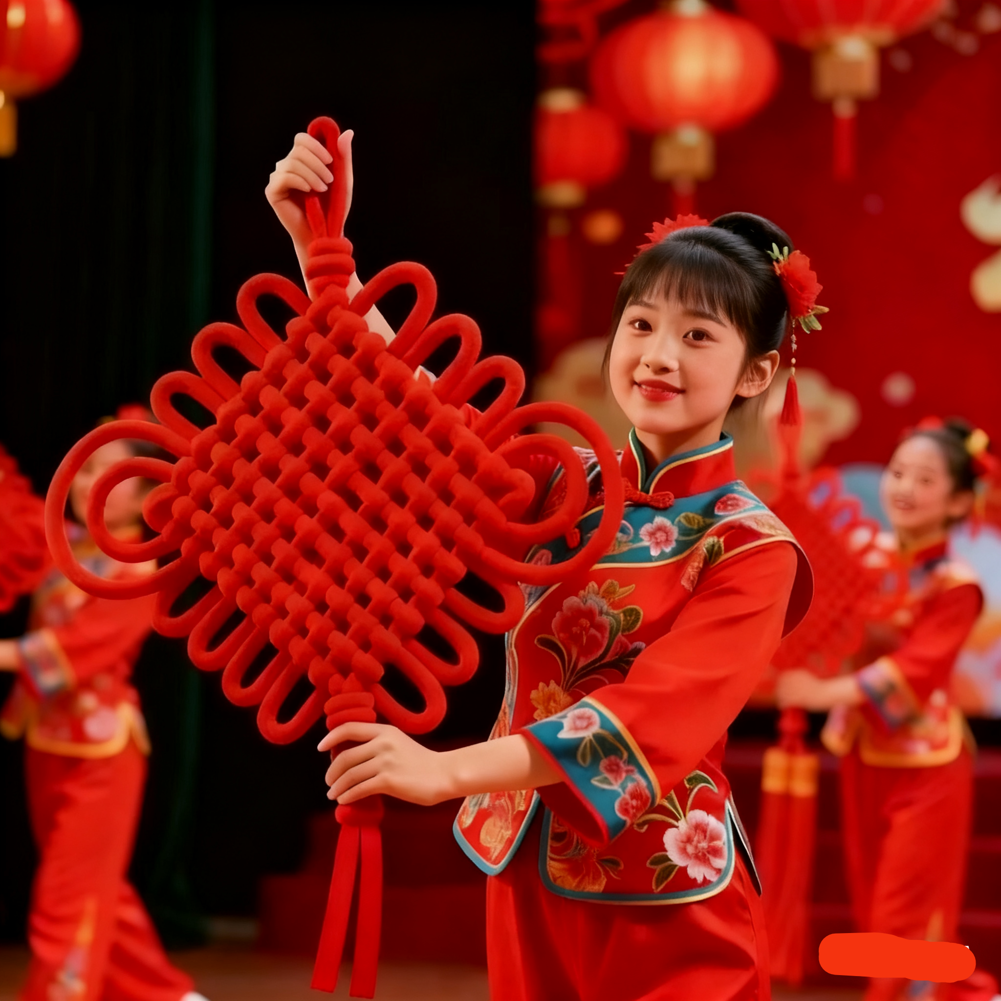 成人幼儿园小学校儿童演出红红的中国结舞台表演舞蹈道具跳舞福字