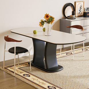 漳龙实木法式 复古风岩板餐桌家用小户型饭桌白色餐椅组合现代桌子