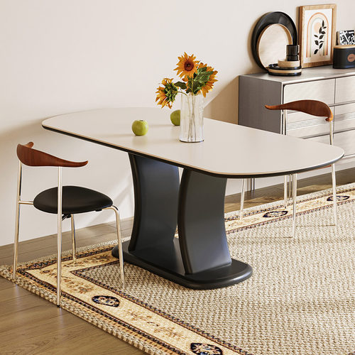 漳龙实木法式复古风岩板餐桌家用小户型饭桌白色餐椅组合现代桌子