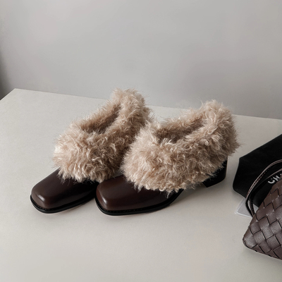 真皮复古方头毛毛鞋玛丽珍单鞋