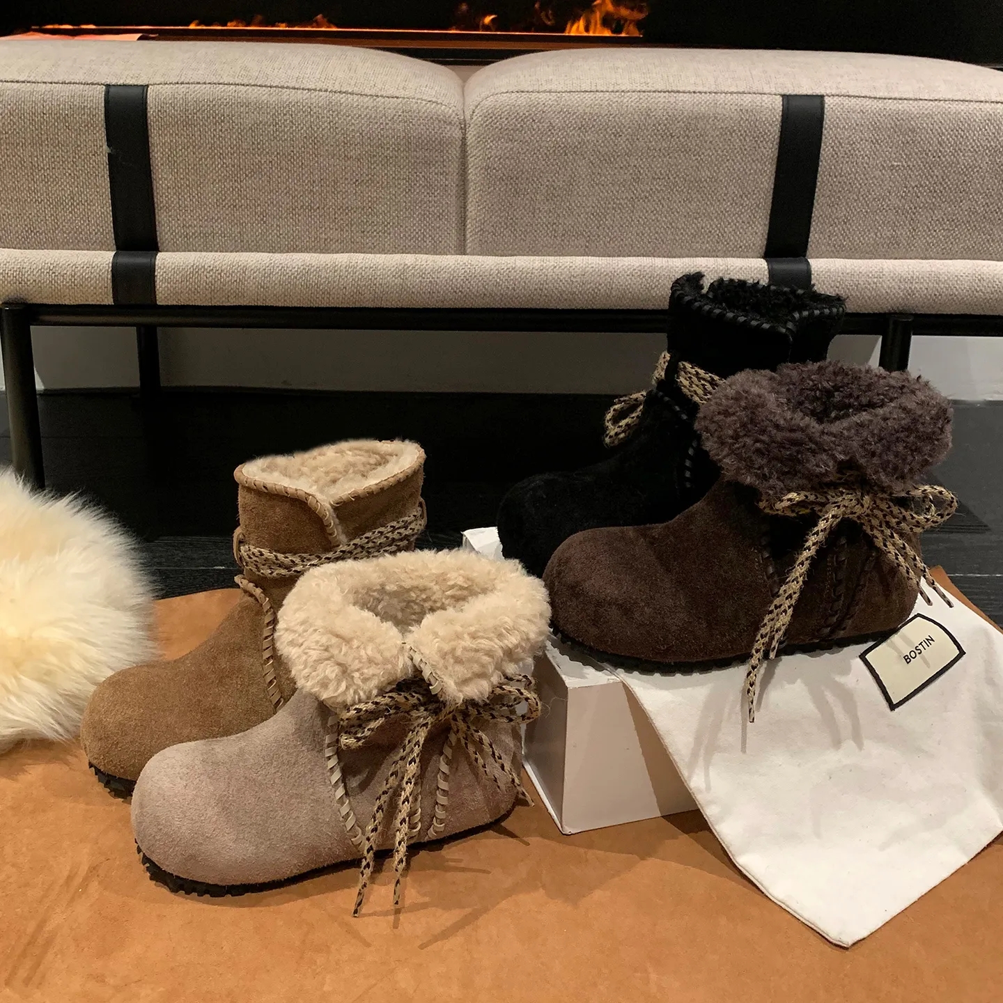 费尔岛～6cm增高真皮羊毛雪地靴