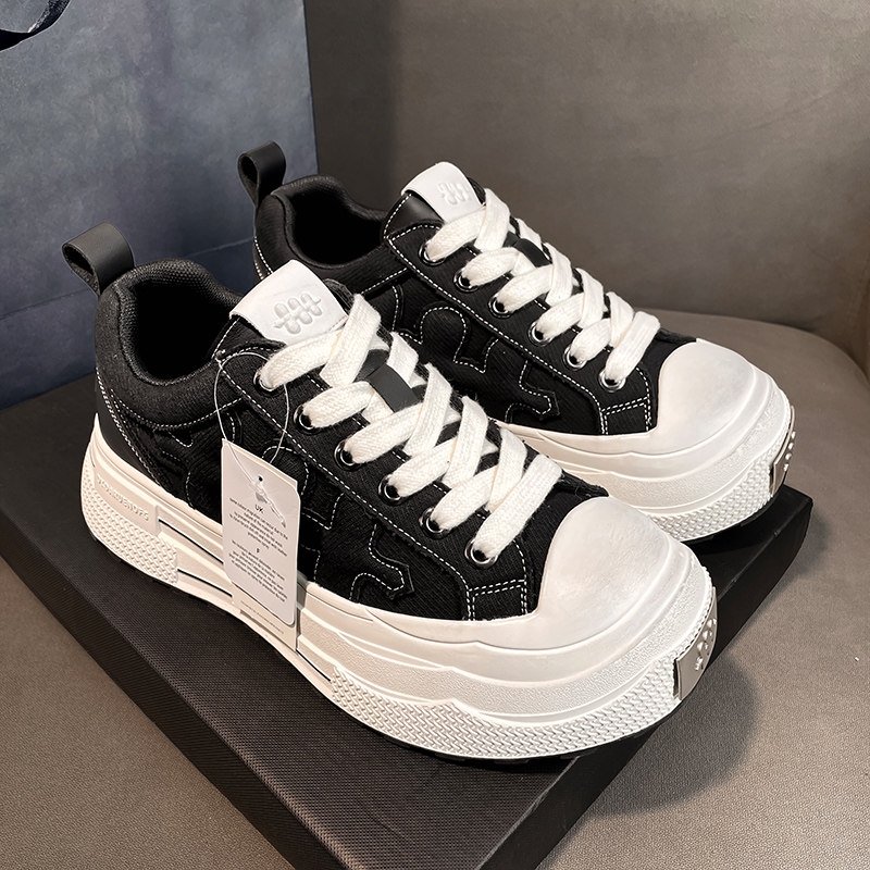 王鹤棣卓沅同款~重奏黑色梅花厚底男女鞋2026新款增高休闲帆布鞋