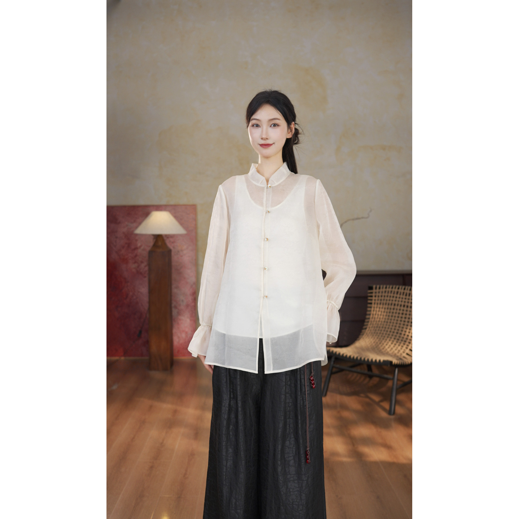 【白莲】桑蚕丝香云纱设计师款休闲春季长袖宽松百搭衬衫20655086