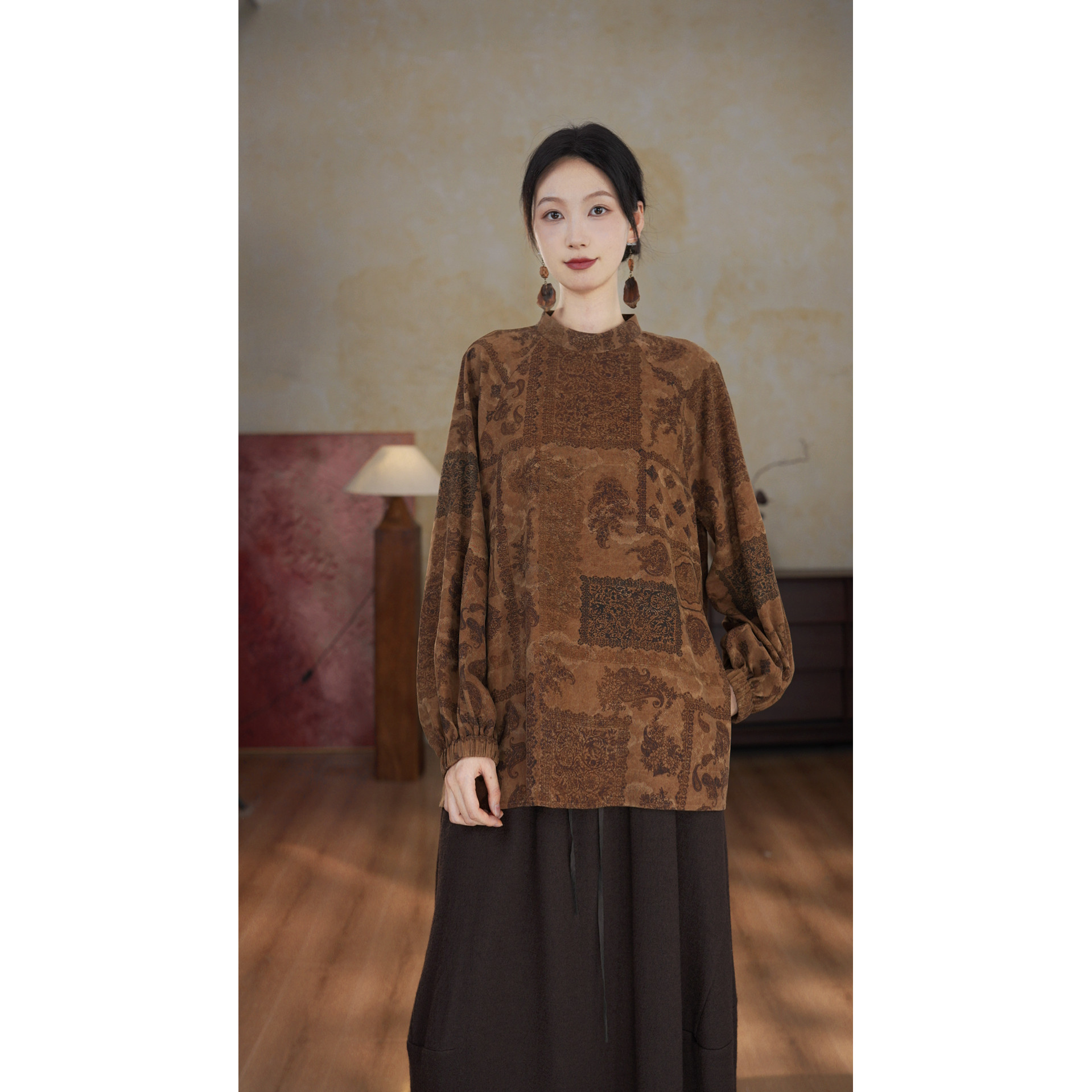 【茶咖】100%桑蚕丝香云纱设计师款女士休闲夏季长袖上衣20655313