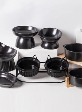 黑色猫碗陶瓷喝水碗双碗陶瓷食盆狗碗猫咪饭碗木架碗防打翻宠物碗