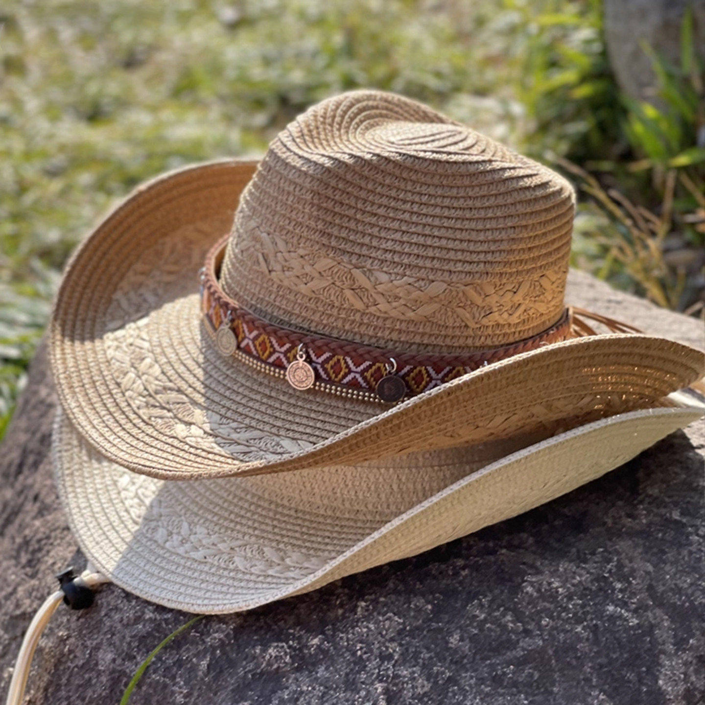 新款大帽檐草编爵士帽夏季名族风草帽子女新款西部牛仔帽男款遮阳