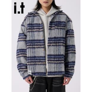 New Bcfauae NB蓝色格纹厚款长袖毛呢衬衫外套男款秋宽松上衣