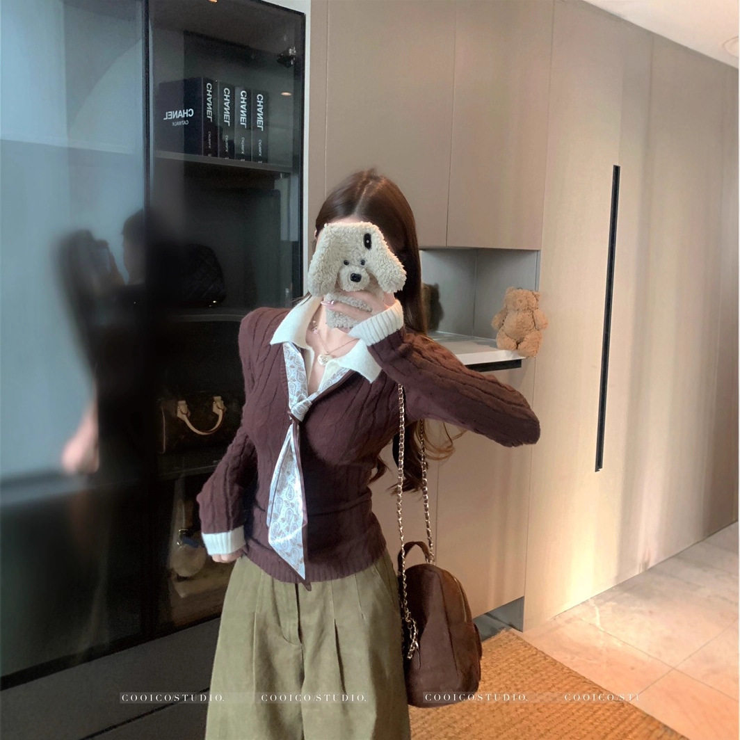 New Bcfauae NB咖色Polo领假两件针织衫女冬季衣内搭修身短款长袖