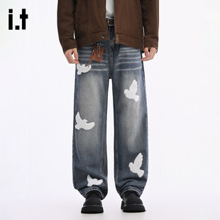 New Bcfauae NB白色和平鸽直筒牛仔裤男士秋冬高级感阔腿长裤