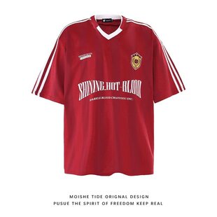 New Bcfauae NB美式复古三条杠V领球衣短袖T恤男女夏季潮牌宽松休