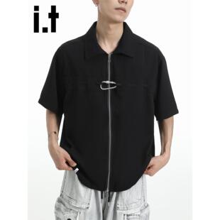 New Bcfauae NB潮流黑色拉链金属扣衬衫男短袖宽松衬衣上衣