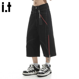 New Bcfauae NB辑明线七分工装牛仔裤男女款夏季潮流宽宽松直筒裤