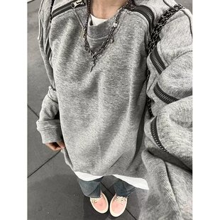 New NB灰色双拉链拼接卫衣男高街休闲圆领解构设计感廊形 Bcfauae