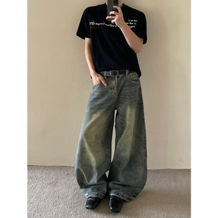 复古水洗做旧阔腿牛仔裤 New 男装 NB大码 女梨形身材高腰显 Bcfauae