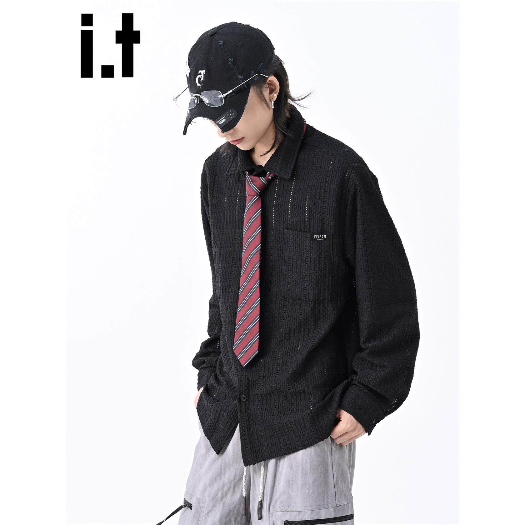 New Bcfauae NB黑色针织镂空长袖翻领衬衫男款秋季高级感上衣