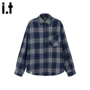 New Bcfauae NB时尚蓝色格子长袖衬衫男款秋季宽松高级感上衣