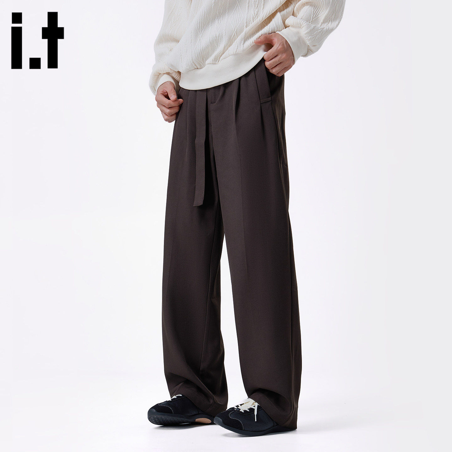 New Bcfauae NB时尚腰带装饰褶皱休闲直筒裤西装裤男款秋长裤