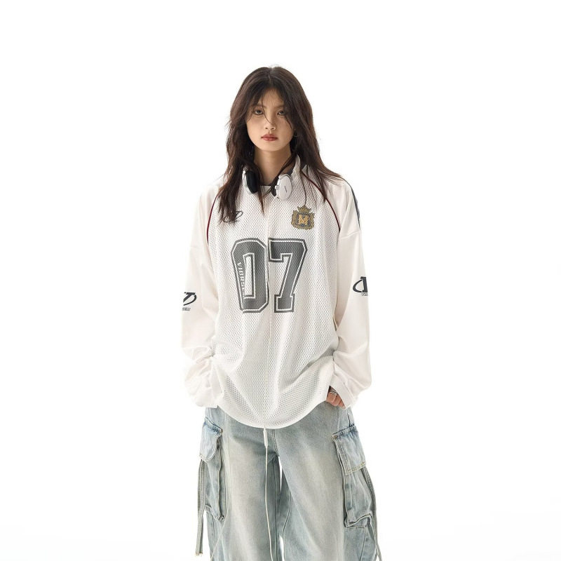 New Bcfauae NB宽松型青少年欧美街头潮牌长袖球衣T恤V领流行印花