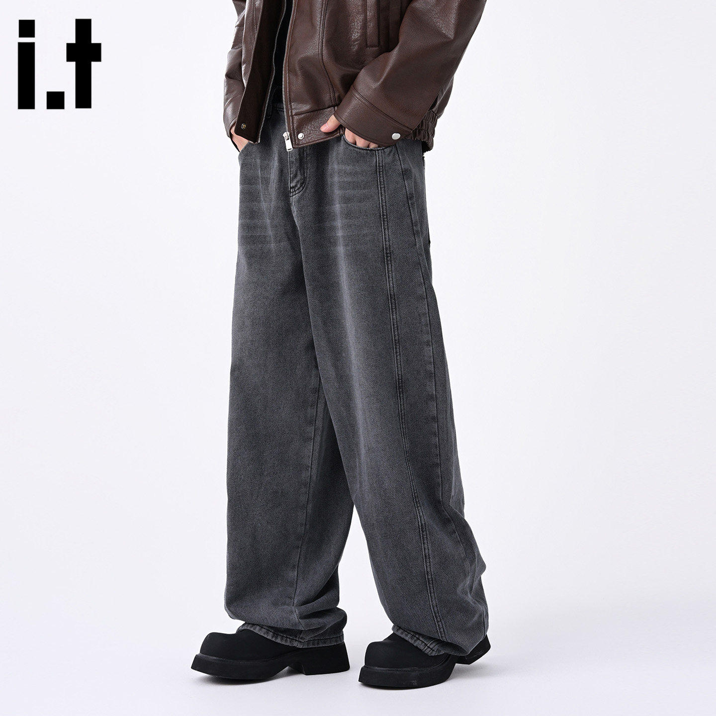 New Bcfauae NB黑色高级感阔腿牛仔裤男女款秋季宽松直筒长裤