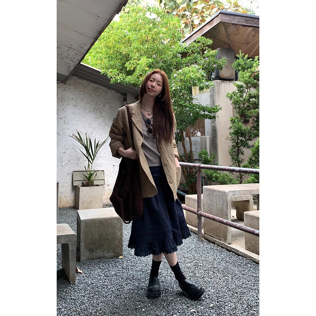 复古气质棉麻半身裙2025蕾丝拼接显瘦中裙女夏蕾丝拼接
