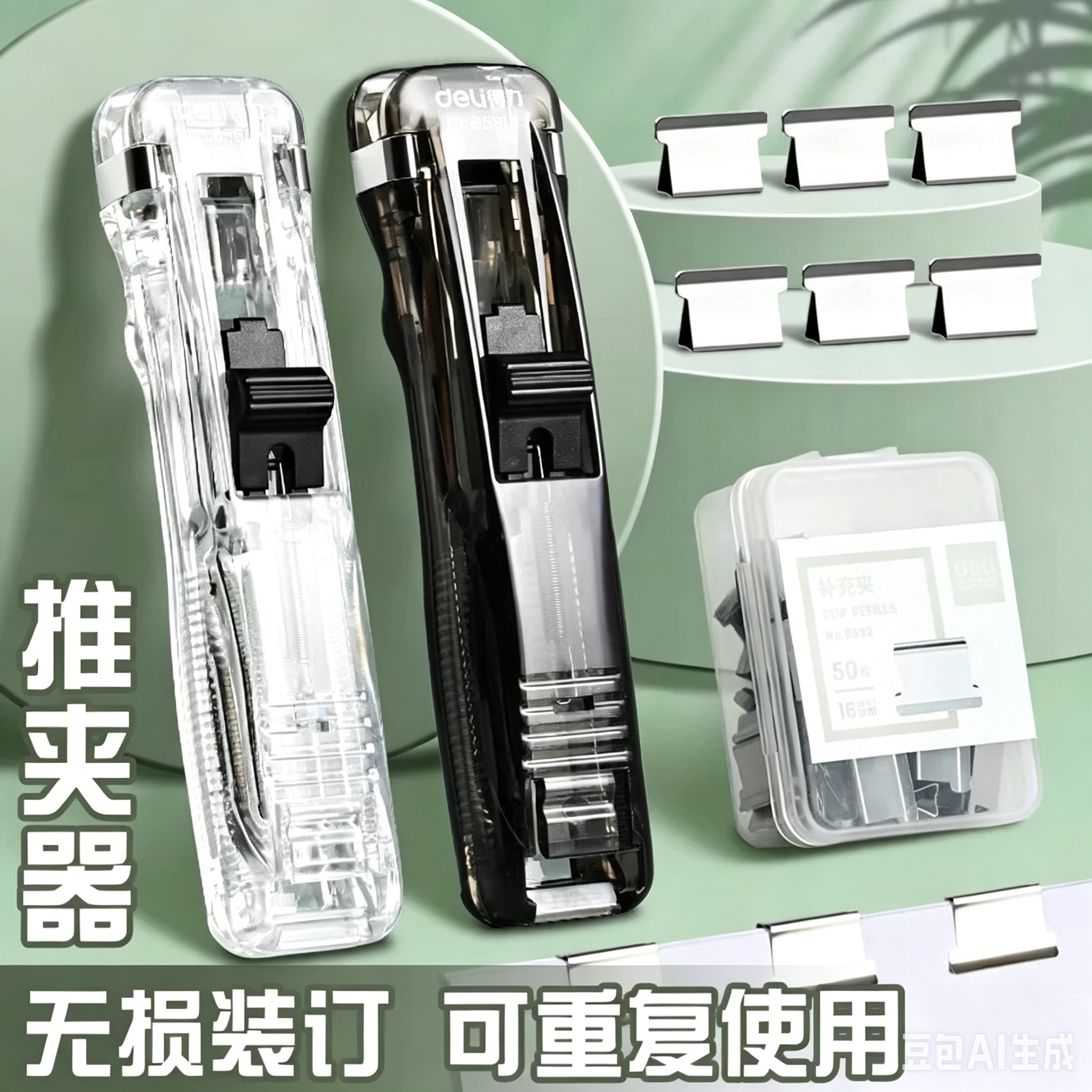 免打孔订书机推夹器补充夹文具试卷固定神器订书机装订金属钉票据书本纸张办公用品推推夹书助推燕尾透明