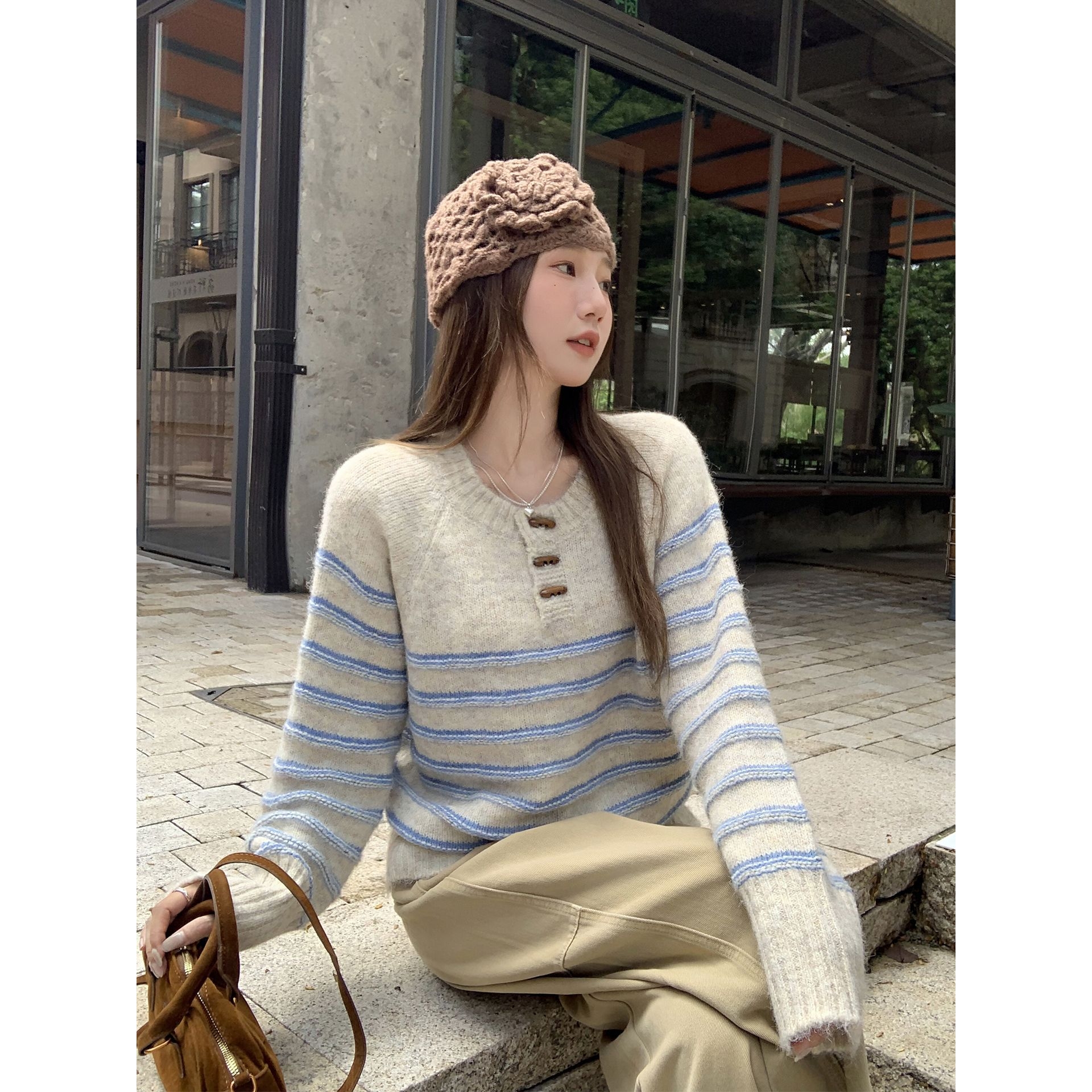 米灰色半开领长袖内搭针织衫女2025年秋季新款条纹打底衫毛衣上衣