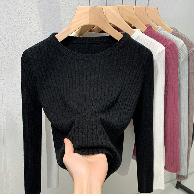 黑色圆领毛衣女秋冬2024新款简约气质显瘦内搭套头针织打底衫上衣