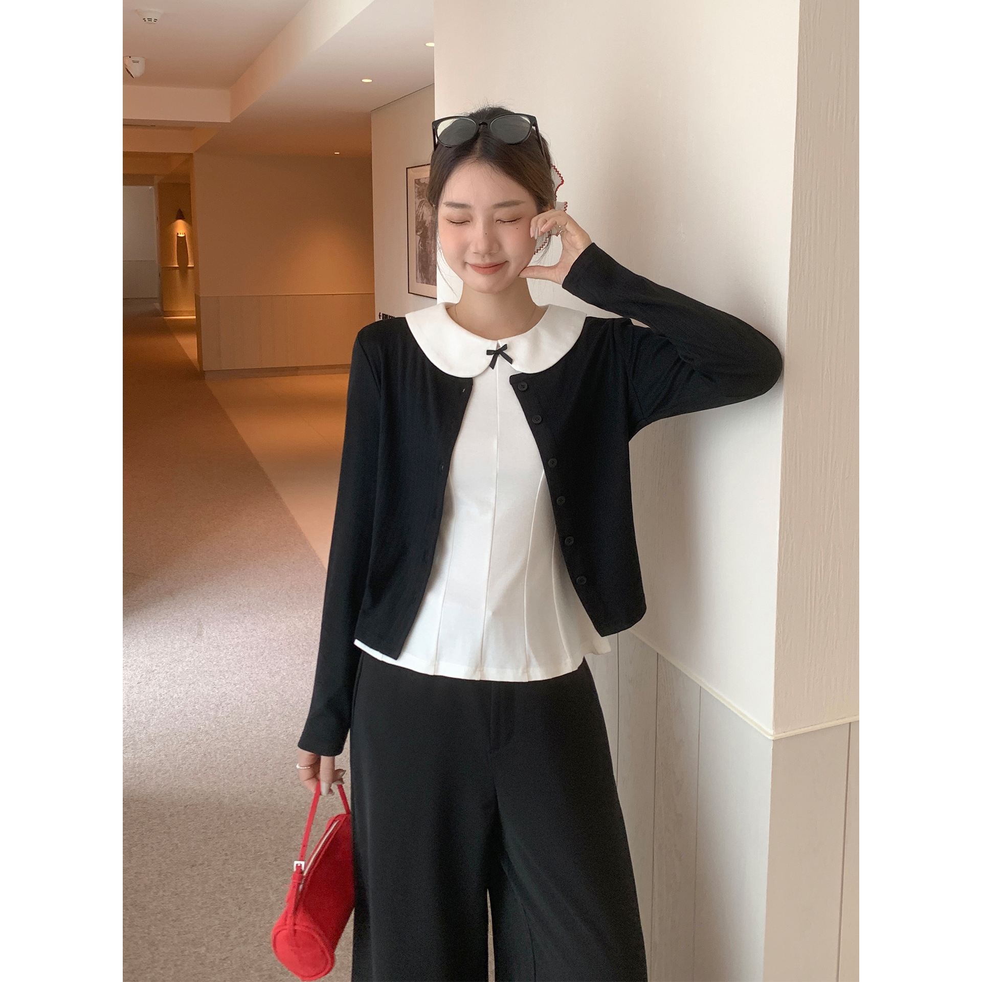 纯欲圆领纽扣长袖针织开衫女2025年秋季娃娃领蝴蝶结吊带背心上衣