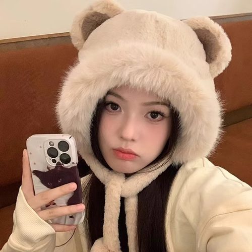 可爱百搭小熊雷锋帽女秋冬季保暖护耳加厚骑车显脸小防风毛绒帽子