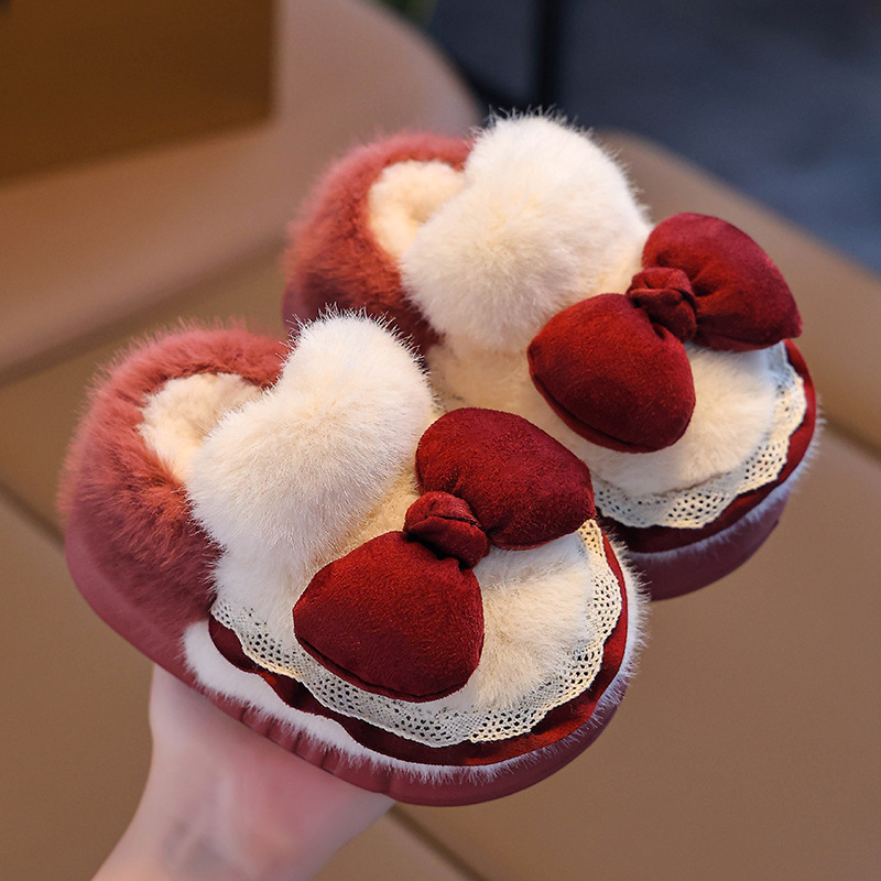 儿童棉拖鞋冬包跟保暖居家蝴蝶结包跟EVA底防滑女童宝宝毛毛棉鞋