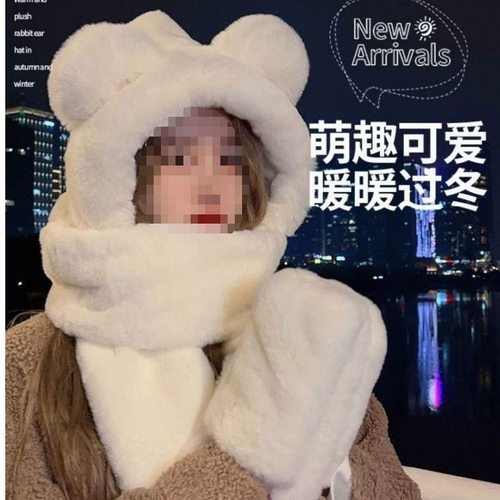 毛绒小熊帽子秋冬女围巾手套一体冬季围脖卡通可爱保暖冬天三件套