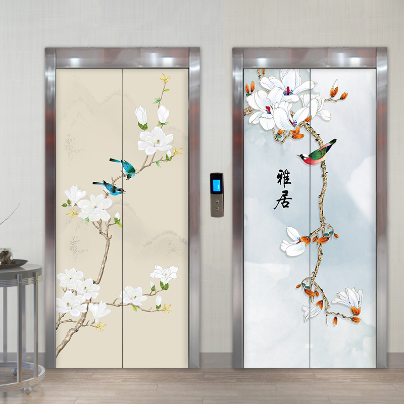清新古典电梯门贴纸自粘可定制壁画玄关装饰画电梯门贴画中式花鸟图片