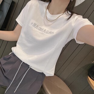 欧洲站2025年新款夏季短袖t恤女镶钻立体字母修身百搭半袖上衣