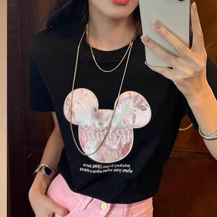 多福猫2025年夏装上新减龄卡通刺绣百搭棉料体恤宽松个性活力T恤