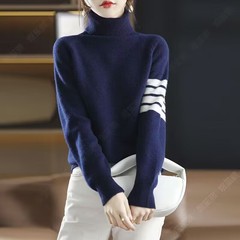 韩版高级设计感撞色条纹高领毛衣女2023秋冬装加厚时尚针织打底衫