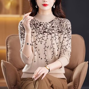 潮 高端妈妈装 秋冬季 提花半高领毛衣女时尚 洋气软糯加厚针织打底衫