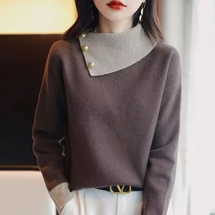 女2025秋冬韩版 慵懒风设计复古撞色斜翻领针织衫 宽松外穿毛衣上衣