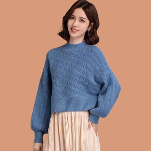 配裙子短款高腰灯笼袖蝙蝠衫毛衣女2024秋冬韩版宽松半高领针织衫