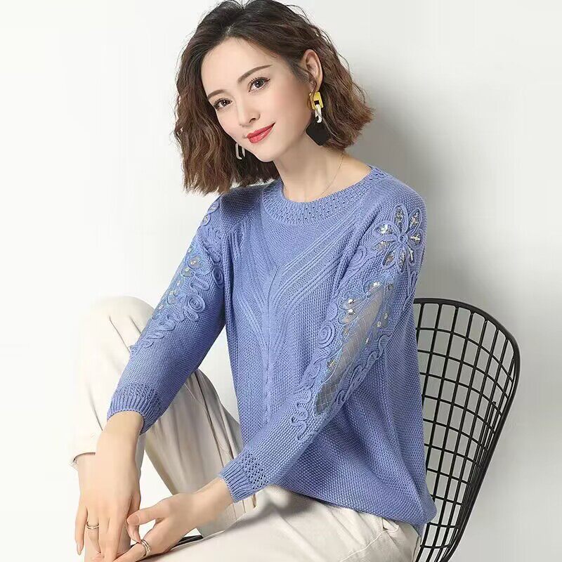 2024年春季韩版宽松薄款外穿针织衫女勾花镂空蕾丝长袖T恤衫上衣