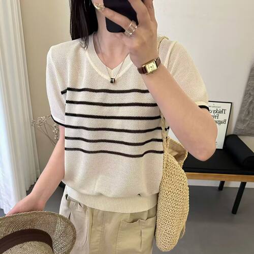 桑蚕丝简约撞色条纹V领短袖t恤衫