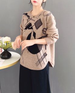 毛衣女2024秋冬爆款 不规则复古撞色提花针织衫 高级感软糯打底上衣