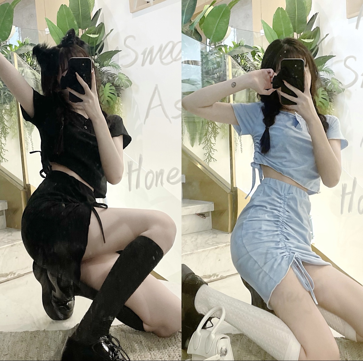 Real price South Korea versatile drawstring short slim T-shirt drawstring buttock short skirt two piece set