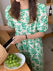 Korean style long and thin dress with bubble sleeves