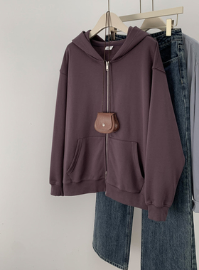 420g双拉链纯棉开衫拉链紫色卫衣外套女2026新款美式潮牌连帽春季