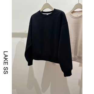 上衣冬 秋冬无帽圆领舒适宽松短款 冬季 黑色加绒卫衣女加厚2025新款