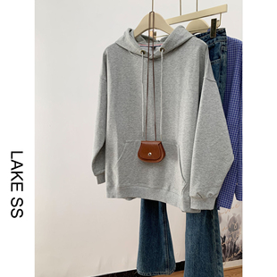 灰色卫衣女2025新款 连帽套头大码 春秋款 长袖 宽松上衣纯色 薄款 秋季
